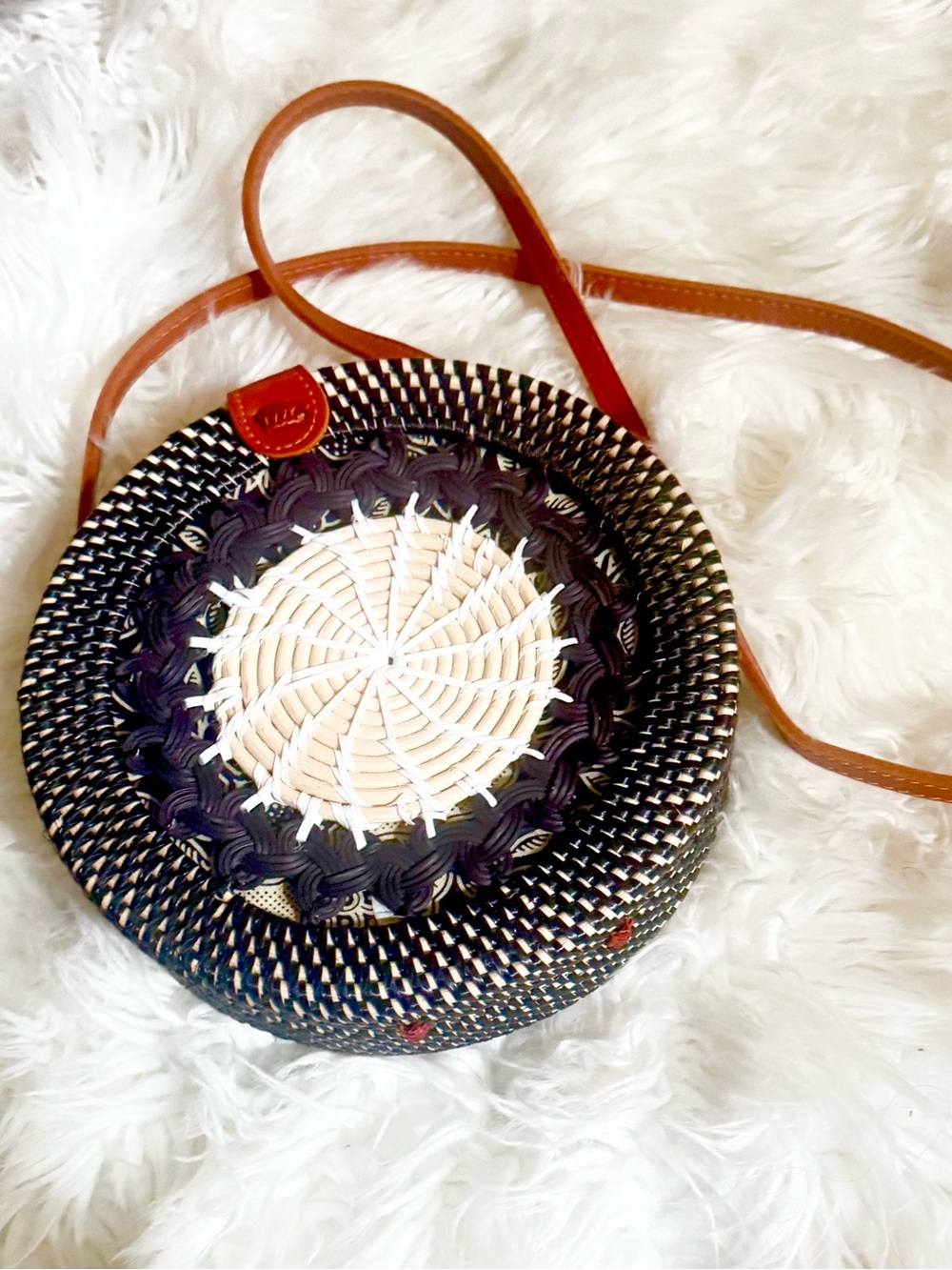 Round Woven Crossbody Bag - Black & Brown